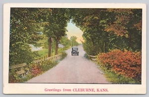 Greetings From Cleburne Kansas Antique Car Paved Road White Border Postcard - Picture 1 of 2