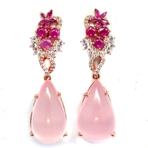 Non Scaldato Gemma Rosa Quarzo Rosa,Rubino & Zircone Orecchini 925 Argento - Foto 1 di 4