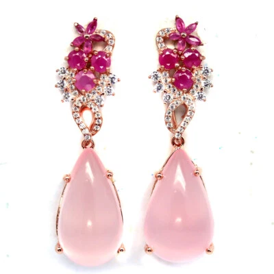 Nicht Erhitzt Edelstein Rosa Rose Quarz, Rubin & Zirkonia Ohrringe 925 Silber - Bild 1 von 4