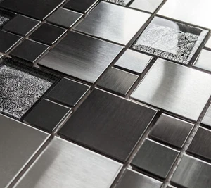 Black Silver Grey Foil Glass Brushed Steel Metal Square Mosaic Wall Tile 8mm - Picture 1 of 6