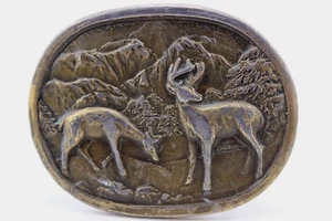 Vintage Belt Buckle Indiana Metal Craft 3" Deer and Mountains Oval E97 - Picture 1 of 6