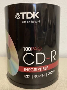 TDK Audio Music CD-R 80min 700MB 52X Blank Recordable Discs 100 Pack ~NEW SEALED - Picture 1 of 4