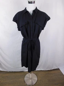 Express Dress Womens Medium Black Button Front Shirt Dress Belted Short Sleeve - Picture 1 of 12
