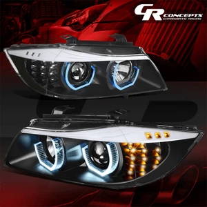 PAIR BLUE 3D LED U-HALO PROJECTOR HEADLIGHT BLACK FOR 2005-2008 BMW 3-SERIES E90 - Picture 1 of 12