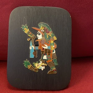 Vintage Mexican Wood Enamel Aztec Wall Art Plaque Huitzilopochtli god of Sun War - Picture 1 of 7