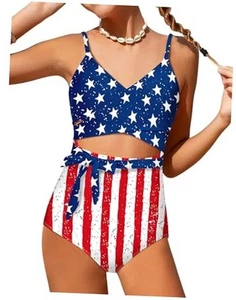 Girls Swimsuit Cutout One-Piece Bathing Suit V-Neck 15-16 Years Usa Flag - Picture 1 of 7