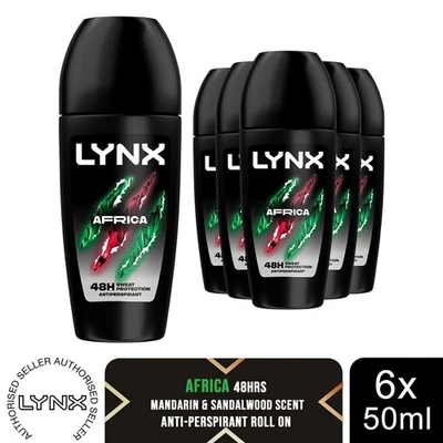Lynx Africa Anti Transpirant Roll On 48 Stunden Anti Schweißschutz 50ml, 6er Pack