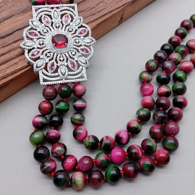 3 行绿色紫红色虎眼项圈项链女式串珠 Cz 铺子吊坠 — 第 1/4 张图片