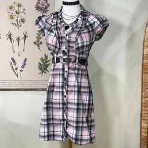Vintage Y2k Pink Plaid Button Up Mini Dress Punk Pastel Goth Emo Gothabilly XS S - Picture 1 of 7