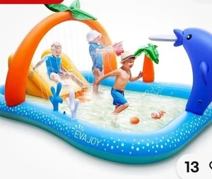 EVAJOY Inflatable Play Center Kiddie Pool w/Slide & Dolphin Sprinkler 95x75x40 - Picture 1 of 7