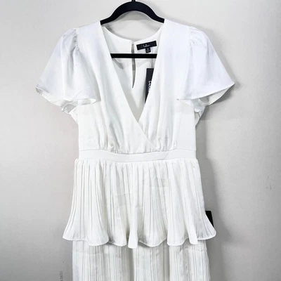NEW Lulus Dress Womens M White Tiered Flutter Sleeve Satin Wedding Bachelorette - Image 1 of 4