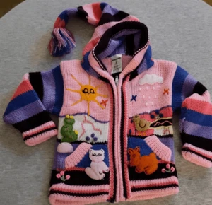 PERUVIAN HAND KNIT PATCHWORK HOODED ZIP UP PINK SWEATER NWT - Picture 1 of 11