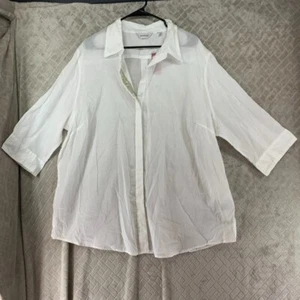 Avenue Womans 22/24 Dress Shirt White Sheer Button Up Beaded Half Sleeve - Picture 1 of 20