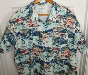 Columbia PFG Fishing Shirt Mens 2X Tall Trollers Best Vented Marlin Hawaiian AOP - Picture 1 of 6