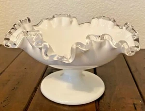 Fenton Silver Crest White Milk Glass Candy Dish Bowl Ruffled Rim Vintage 6 pt - Picture 1 of 4