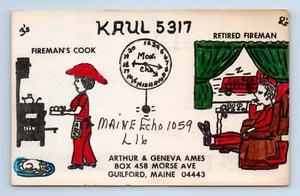 Feuerwehrmann Koch im Ruhestand handkoloriert Ames Guilford Maine QSL Amateurfunkkarte Vintage - Bild 1 von 2