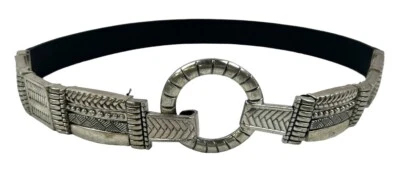 Chicos Belt Leminta Black M Leather & Stretch Silver Metal Link Round Buckle 35” - Image 1 of 4