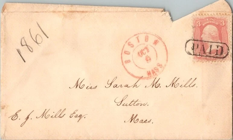 MASS 1861 red Boston cds w/PAID killer on #64b rose pink 3c 1861 Issue CAT. $180 - Image 1 of 1