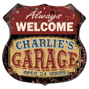 BPMG0197 Welcome CHARLIE'S GARAGE Rustic Sign Father's Day Gift Ideas For Man