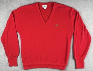 Vintage IZOD Lacoste Red V Neck Sweater Green Crocodile Long Sleeve Med USA - Picture 1 of 10