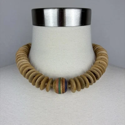 Vintage 1980s Wood Disc and Bead Choker Necklace Natural Boho Eclectic Necklace - Image 1 of 4