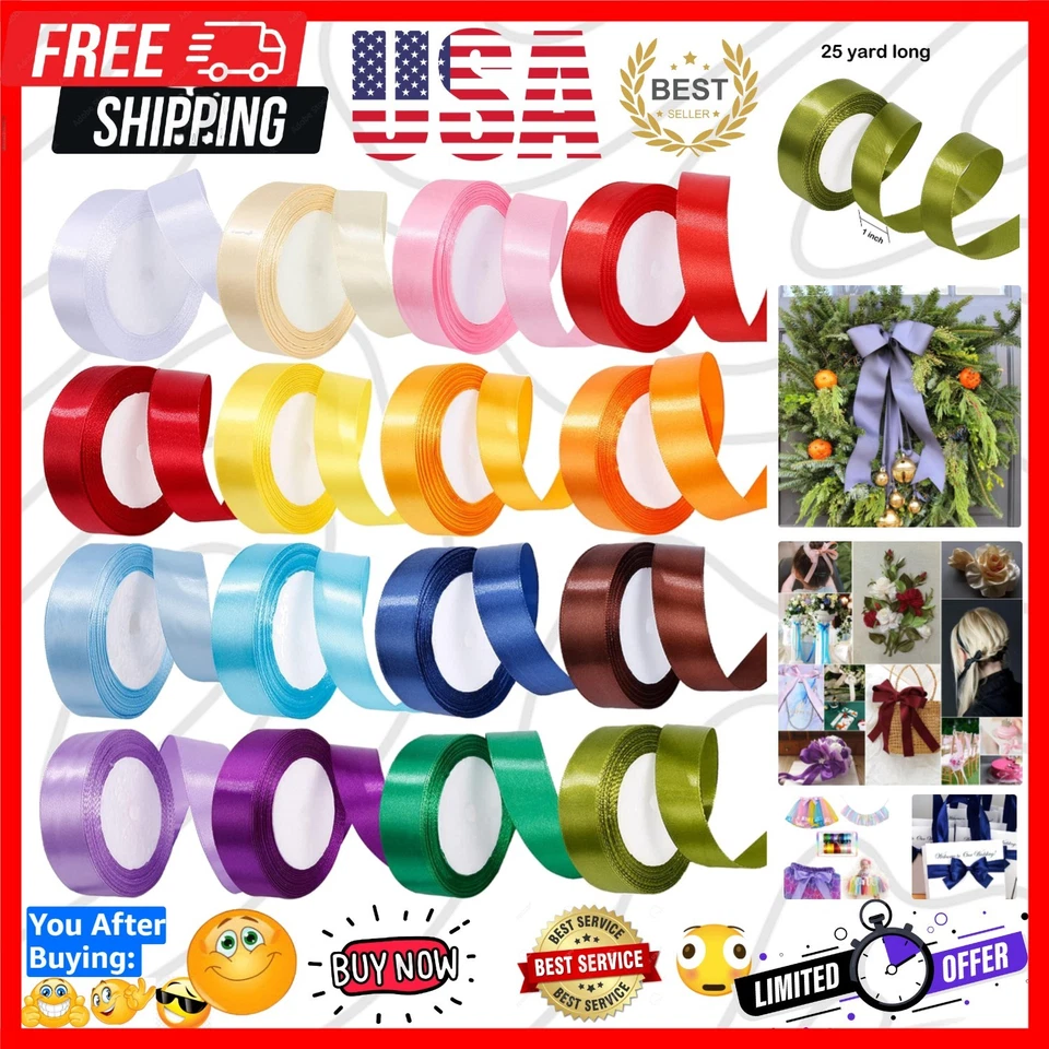 16 Rolls of 1 Inch Satin Ribbons - Vibrant Solid Colors for Crafting & Gifts - Image 1 of 4