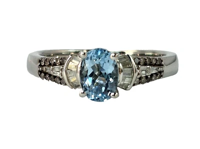 Anillo Santa María aguamarina y múltiples diamantes talla 8 platino sobre plata de ley Foto 1 de 4