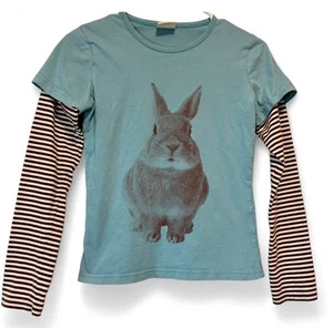 Mini Boden Rabbit Graphic Blue Long Sleeve T-Shirt Stripe Sleeve Girl Size 13-14 - Picture 1 of 5