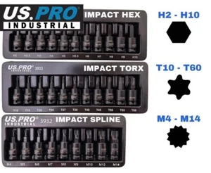 US PRO IMPACT Hex Torx Spline Bit Sockets 3/8" Drive Short Reach Star HX Allen - Picture 1 of 10