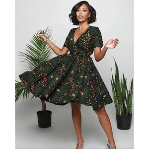 Tribalbyn African Print Kurzarm Wickelkleid grün schwarz orange Gr. Medium - Bild 1 von 6