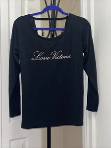 NWT Victorias Secret Long Sleeve Open Back Tshirt Top M Black Love Victoria - Picture 1 of 3