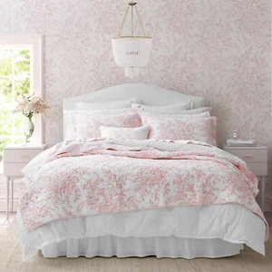 Laura Ashley Cotton Bedspread 3 Pc Set QUEEN Bed Bedford Floral Pink White - Picture 1 of 6