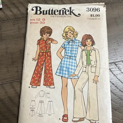 Vintage 1970s Butterick Pattern #3096 Child's Girls Jacket Skirt Pants Size 12 - Image 1 of 2