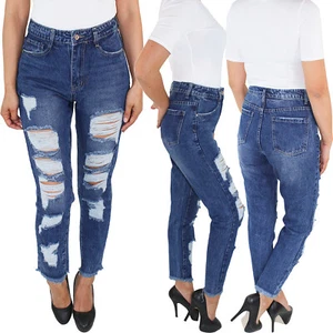 Pantalones de mezclilla de mujer cintura alta para mamá calce look usado destruido hasta el tobillo - Imagen 1 de 10