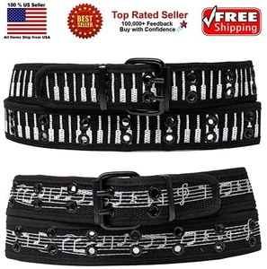 Music Notes Piano Keys  Grommets Stitched Canvas Fabric Military Web Belt - Picture 1 of 7