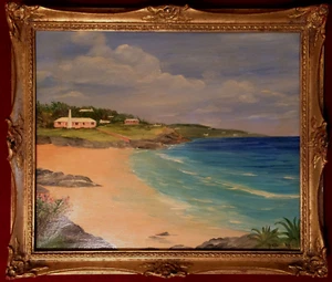 Ölgemälde Meeresstrand mit kleinen Häusern von Kathleen Wells, gerahmt - Picture 1 of 4