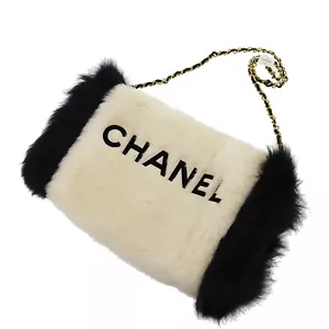 CHANEL Used Fur Arm Warmer Chain Bag Ivory Black Vintage #CG710 S - Picture 1 of 15
