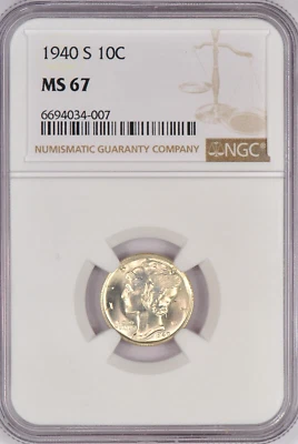 1940 S Mercury Dime NGC MS 67 Gem Silver Original Coin 10C - Image 1 of 2