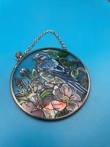 AMIA hängender handbemalter Sonnenfänger Vogel blauer Eichelhäher Blumen 3,5" Sonnenfänger - Bild 1 von 4