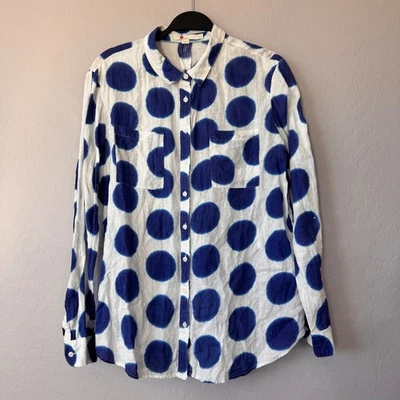 Camisa Boden Lunares 100% Lino Talla 10 Azul Blanco Abotonada Manga Larga Top Foto 1 de 4