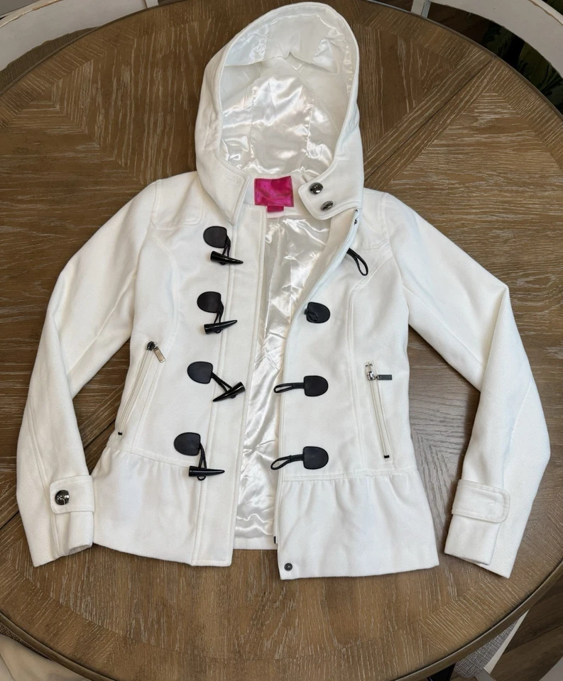 PINK ENVELOPE  Button Zip Front PeaCoat Jacket White Hooded Coat - Image 1 of 4