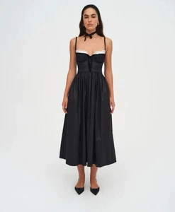For Love and Lemons Doris Midi Dress Black With White Lace Trim Hollywood Glam - Picture 1 of 14