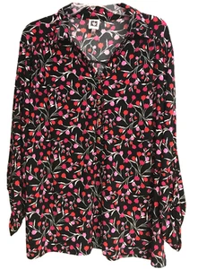 Anne Klein Women's XL Black Floral Tunic Roll Tab Popover Stretch Collar Buttons - Picture 1 of 10