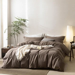 Linen Feel Light Chocolate Brown Duvet Cover Full Size 90'' L X 80'' W, 100% Was - Picture 1 of 7