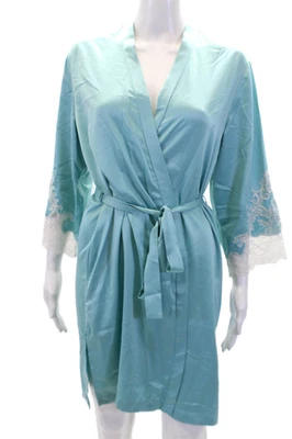 Женский атласный кружевной халат Natori с отделкой на талии завязанный светло-синий размер 8 - Изображение 1 из 4