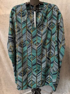 Manuheali'i Hawaiian Geometric Multicolor Top Oversized Boho Blouse Sz M-L Teal - Picture 1 of 9