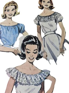 1950s Ruffle Peasant Blouse Off Shoulder Butterick 9768 Sewing Pattern - Picture 1 of 3