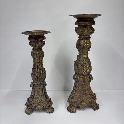 Vintage Golden Distressed Candleholders Traditional French Country Decor Style - Image 1 of 4
