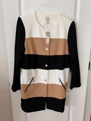 NUEVO CON ETIQUETAS Chico's Negro Tostado Blanco Botón Delantero Manga Larga Topper Chaqueta Talla 2/12 Foto 1 de 4