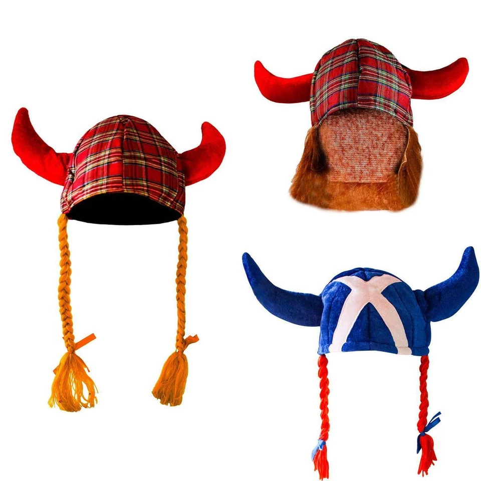Sombrero Vikingo con Cuernos y Trenzas Rojas Sombrero Escocés Novedad Foto 1 de 1